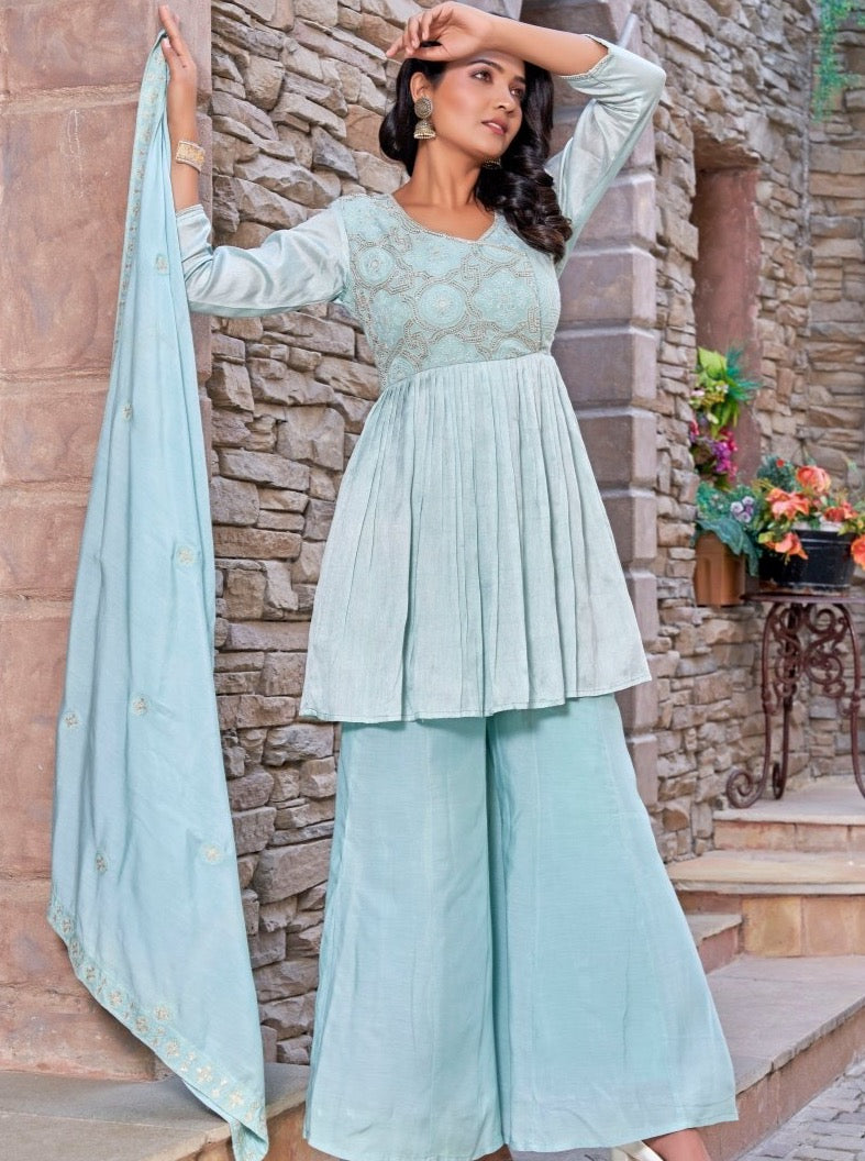 Pastel Blue Muslin Party Wear Suit Set - Payal