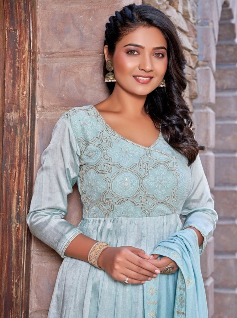 Pastel Blue Muslin Party Wear Suit Set - Payal