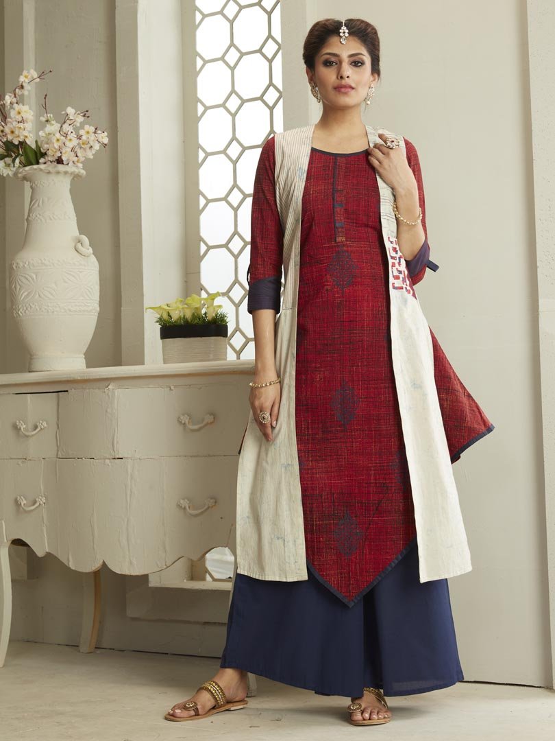 Payal Designer Party Wear Kurta Suit Maroon Cotton Aline Smart Look Stitched Palazzo Suit With Separate Jacket - Payal