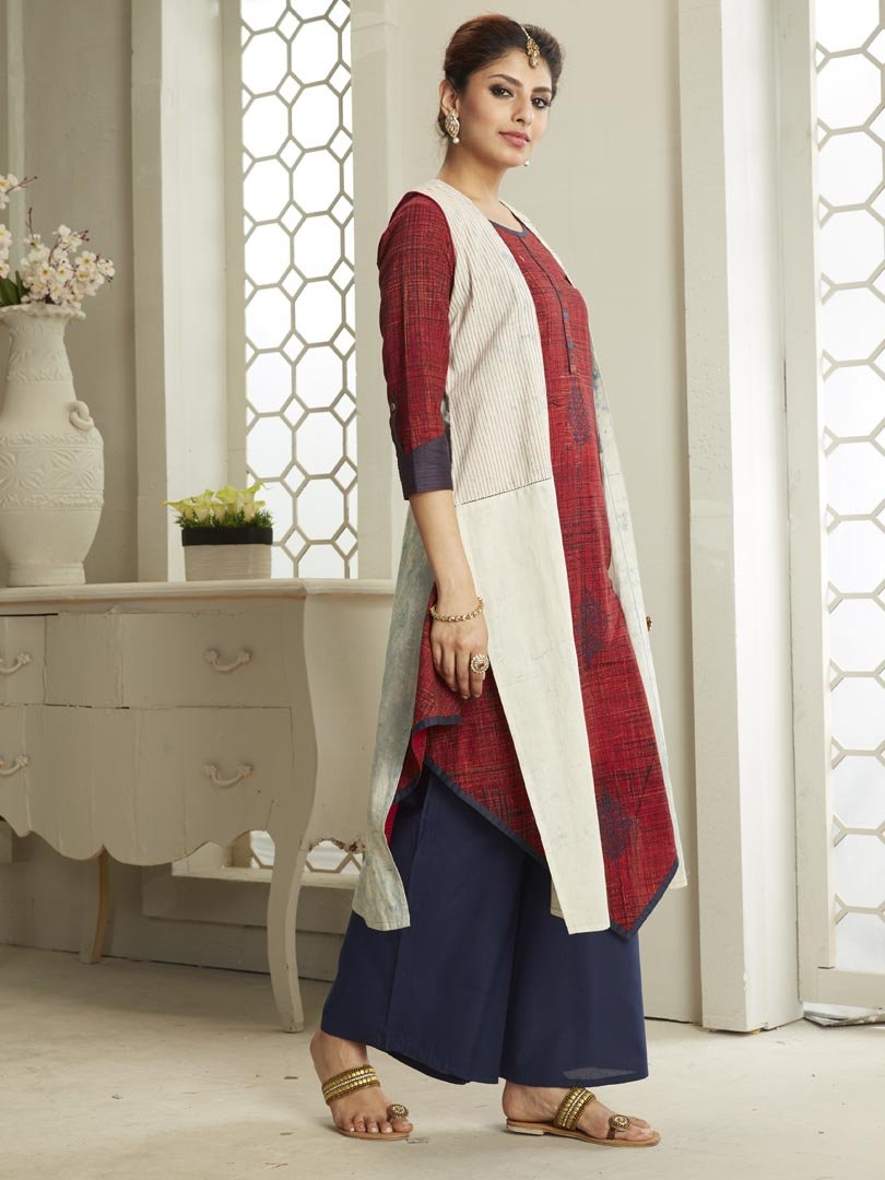 Payal Designer Party Wear Kurta Suit Maroon Cotton Aline Smart Look Stitched Palazzo Suit With Separate Jacket - Payal