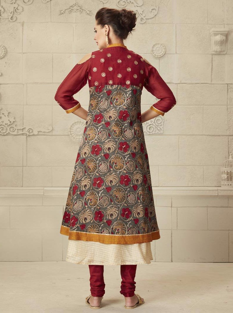 Payal Designer Partywear Sleeveless Biscuit Korasilk Aline Top With Seprate Fancy Jacket Online Churidar Suit. - Payal