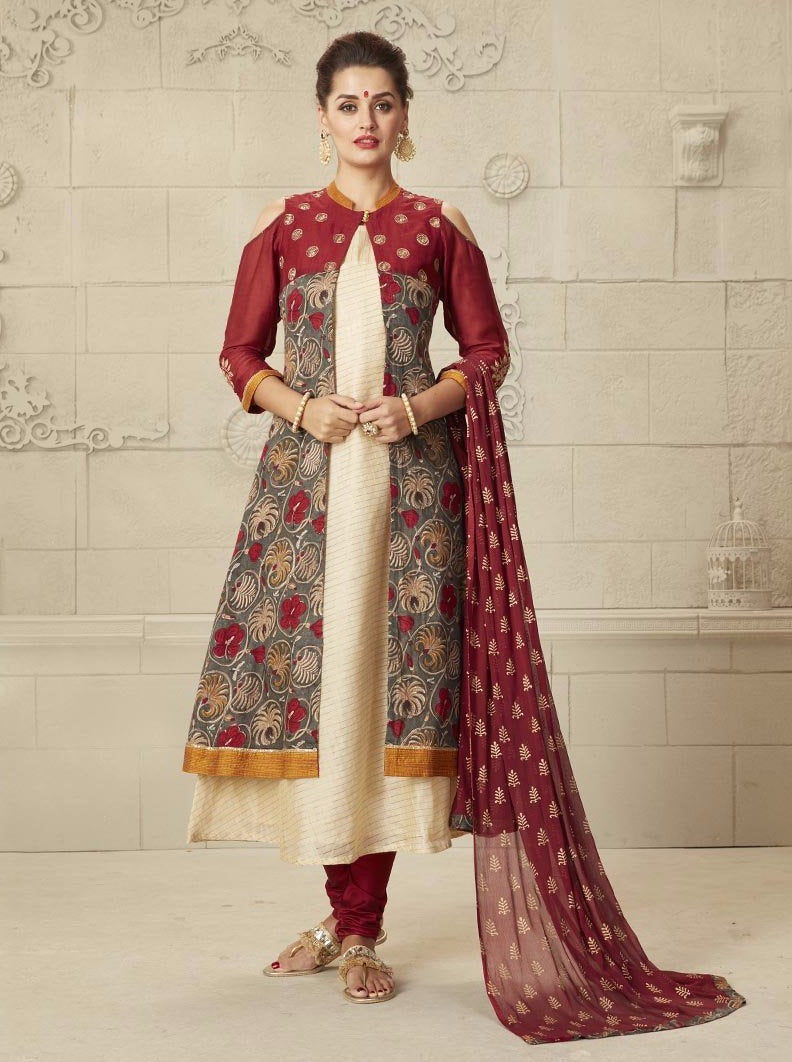 Payal Designer Partywear Sleeveless Biscuit Korasilk Aline Top With Seprate Fancy Jacket Online Churidar Suit. - Payal