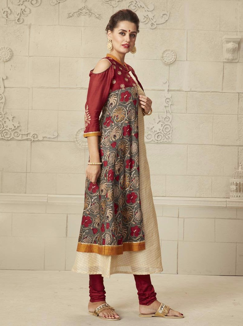 Payal Designer Partywear Sleeveless Biscuit Korasilk Aline Top With Seprate Fancy Jacket Online Churidar Suit. - Payal