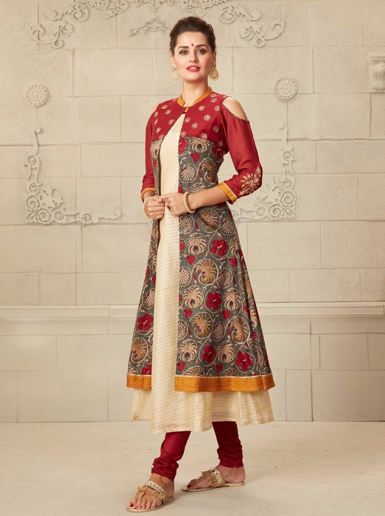 Payal Designer Partywear Sleeveless Biscuit Korasilk Aline Top With Seprate Fancy Jacket Online Churidar Suit. - Payal