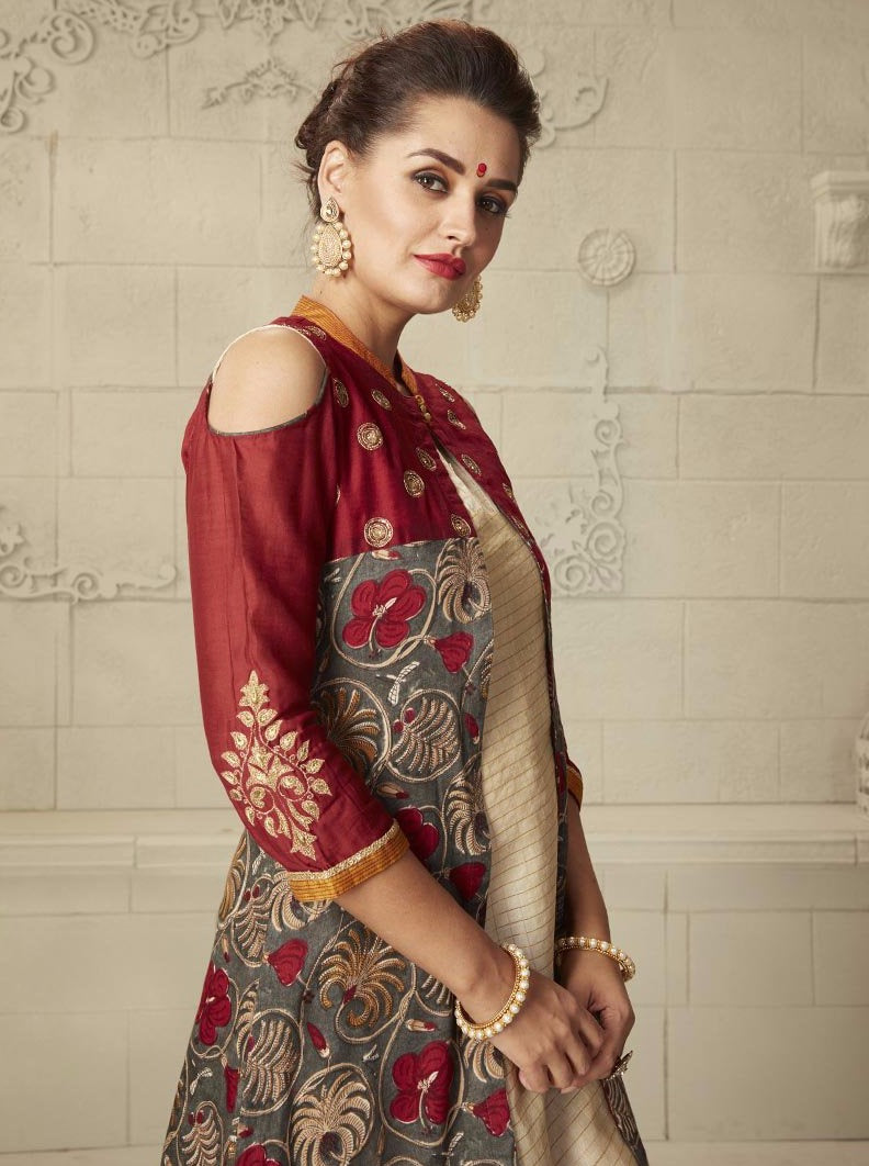 Payal Designer Partywear Sleeveless Biscuit Korasilk Aline Top With Seprate Fancy Jacket Online Churidar Suit. - Payal