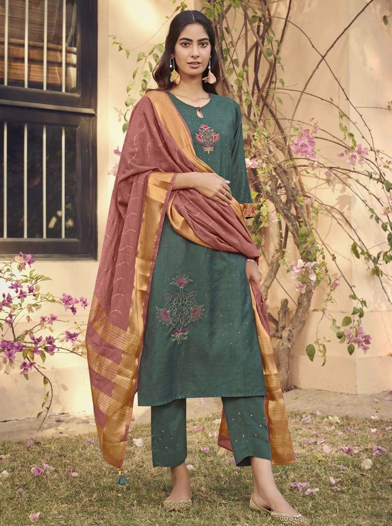 Payal Designer Straight Cut Smart Look 3-4 Sleeve Ethnice Wear Resham Work Online Pent Suit - Payal
