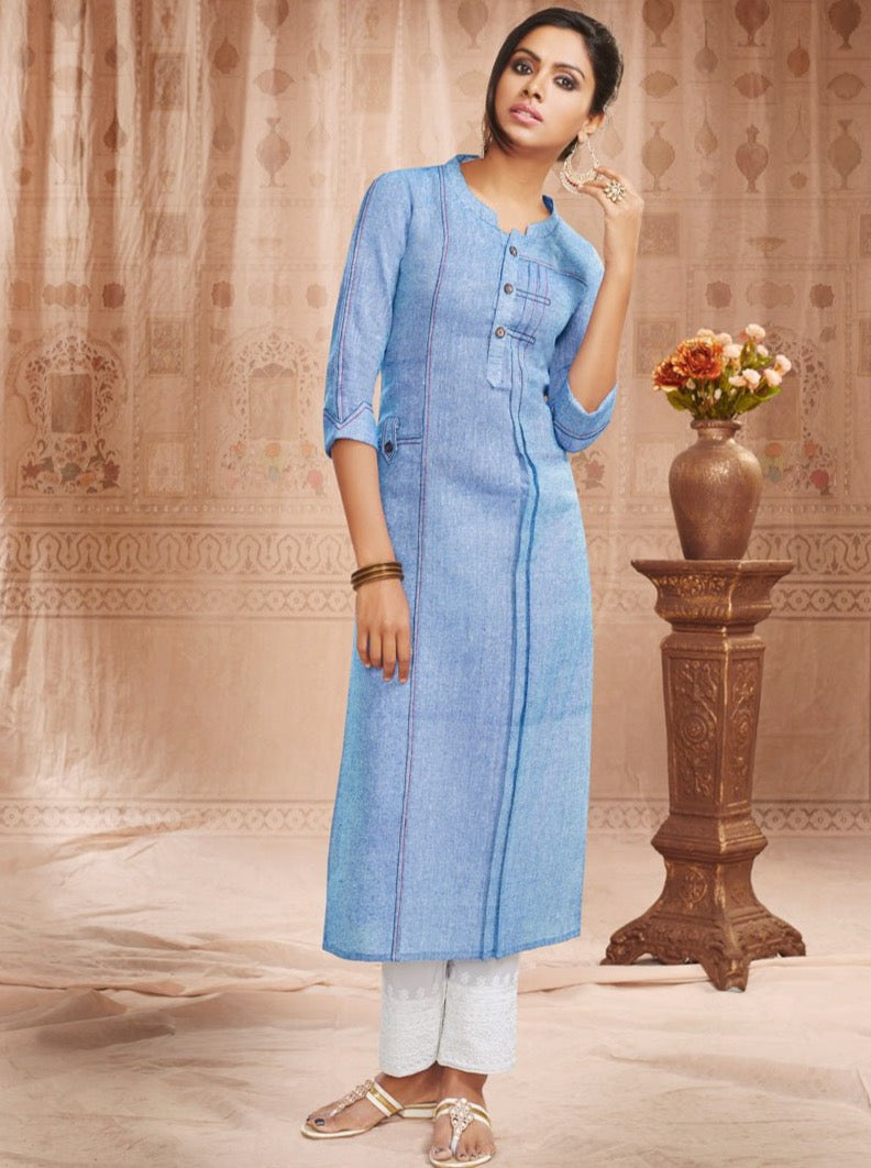 Payal Smart Look Summer Cool Stitched Light Blue 3-4 Sleeve Straight Cut Kurta Suit New Collection - Payal