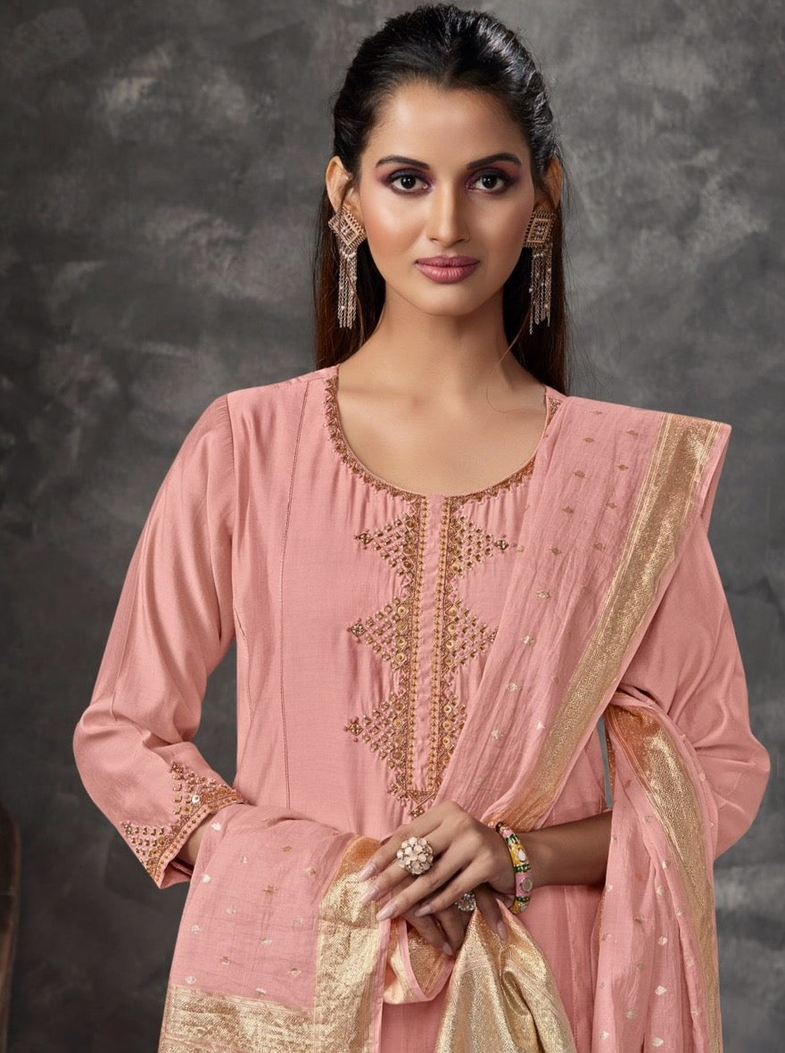 Peach Chanderi Aline Suit Set - Payal