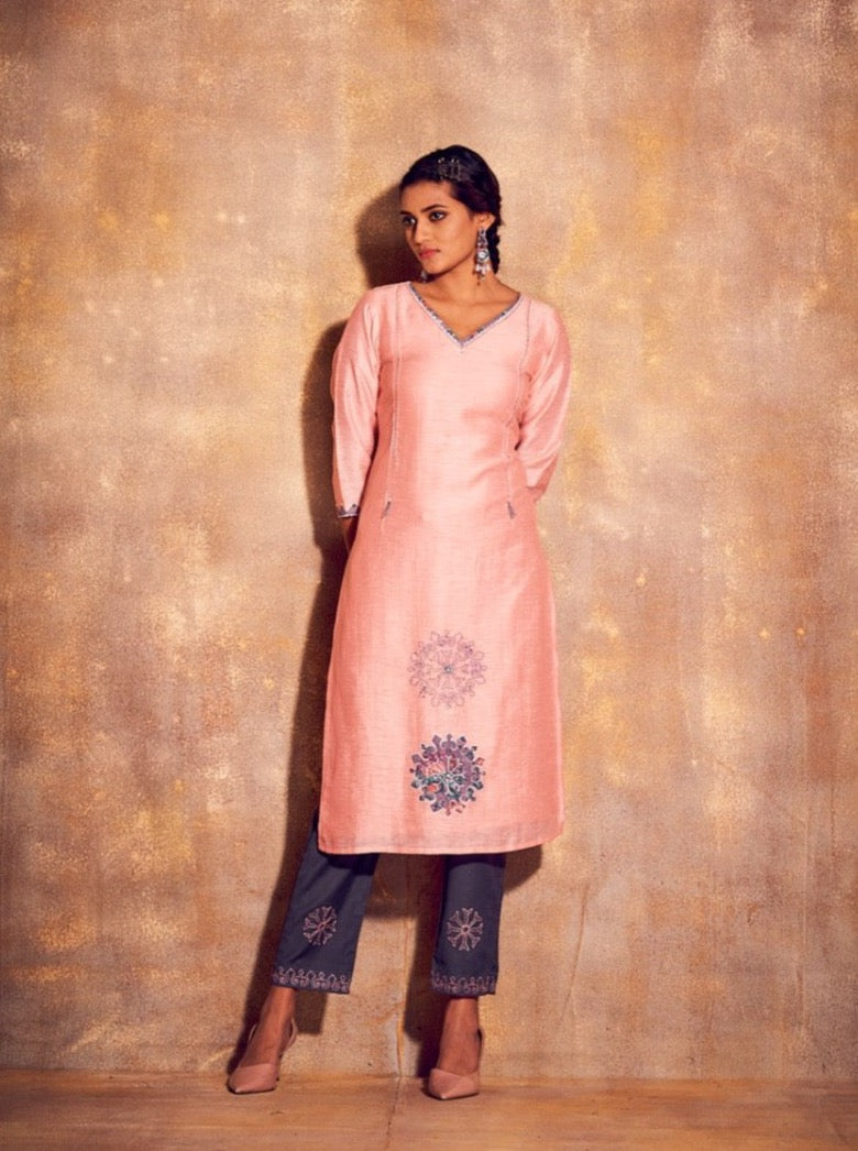Peach Cotton Straight Kurta Set - Payal