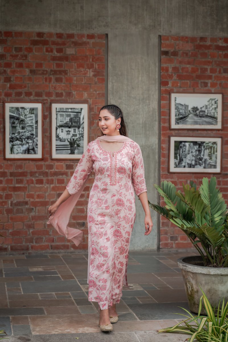 Peach Festive Printed Suit Set - Payal