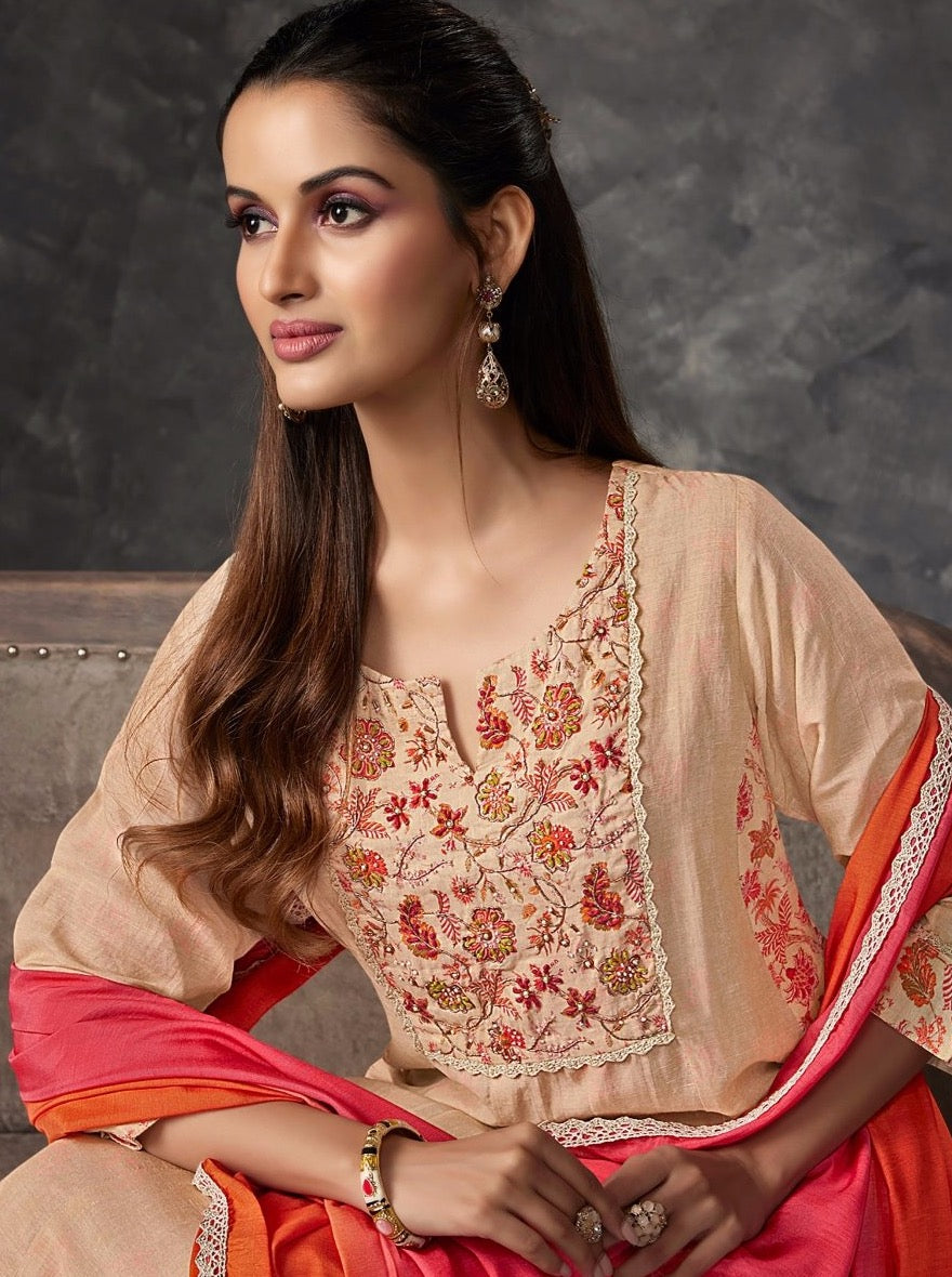 Peach Linen Aline Suit Set - Payal