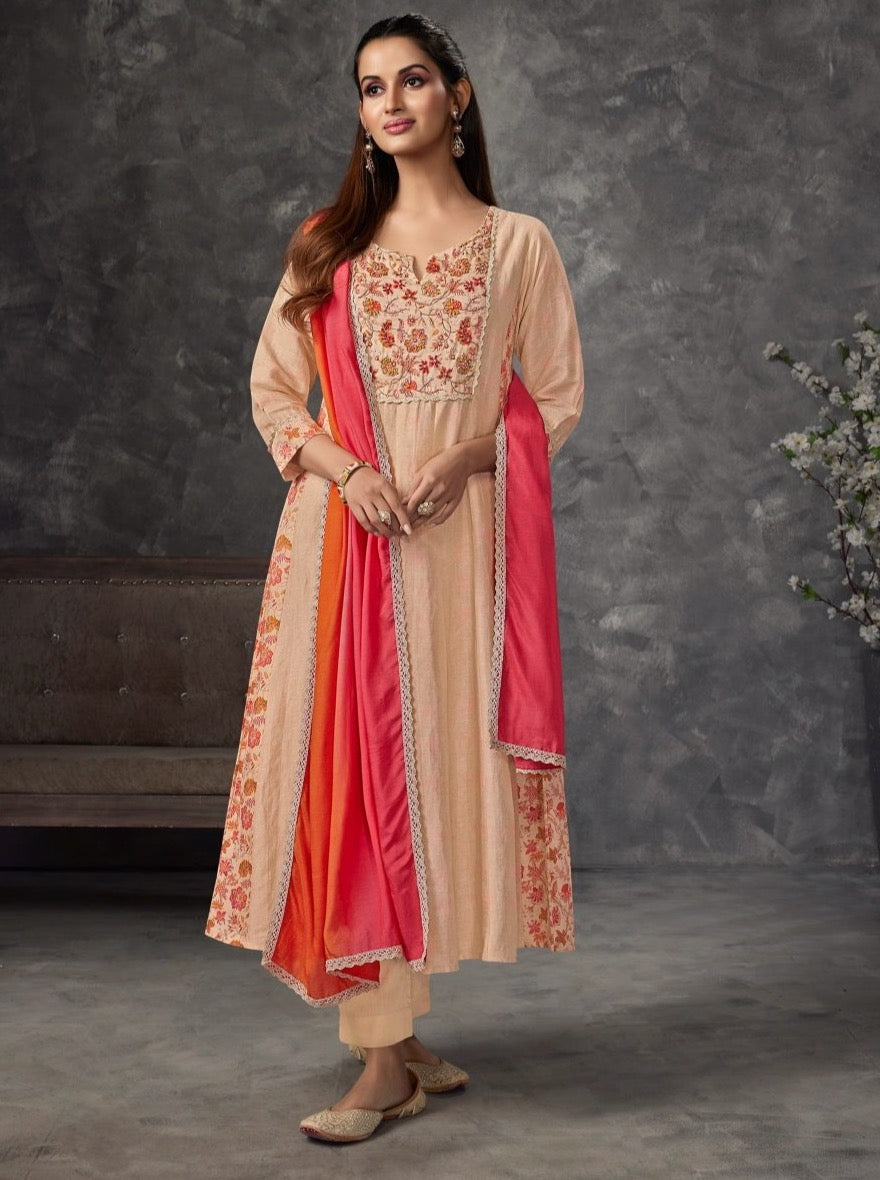 Peach Linen Aline Suit Set - Payal