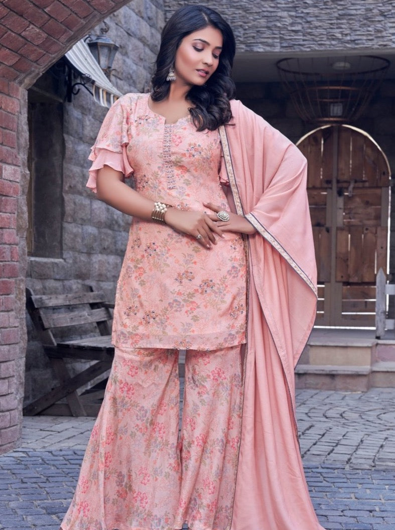 Peach Silk Straight Festive Suit Set - Payal