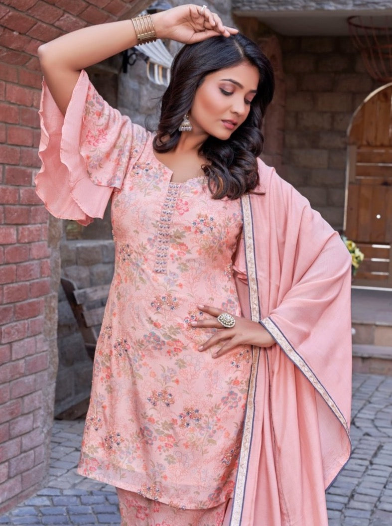 Peach Silk Straight Festive Suit Set - Payal