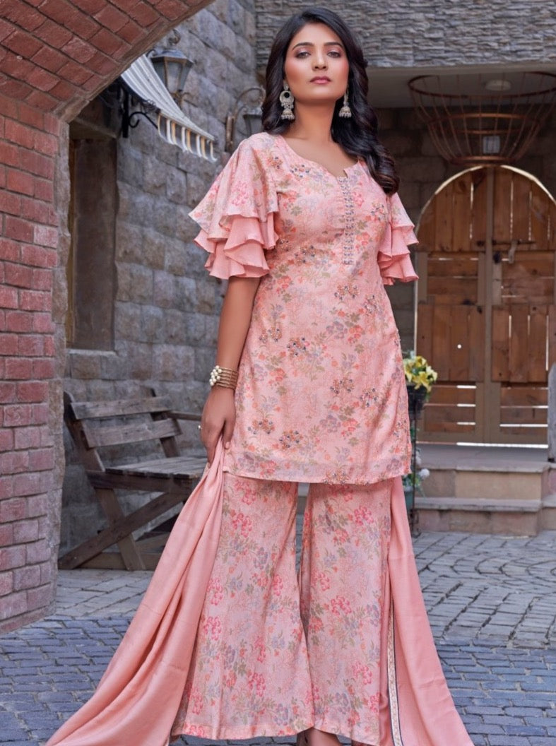 Peach Silk Straight Festive Suit Set - Payal