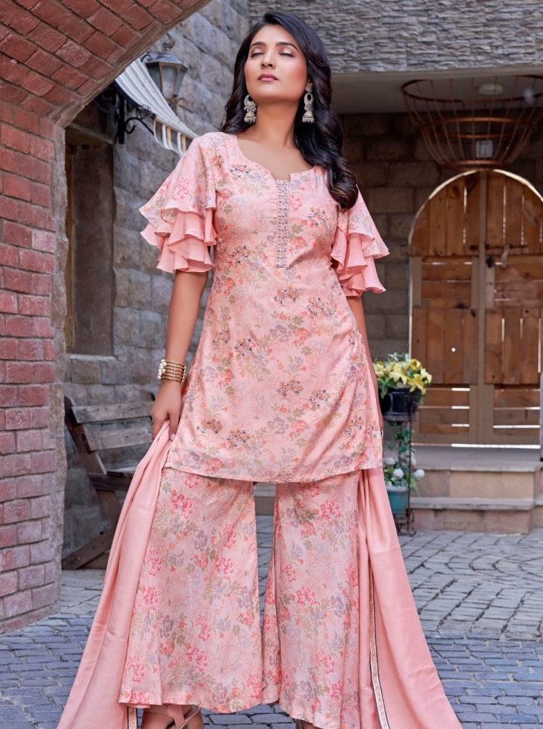 Peach Silk Straight Festive Suit Set - Payal