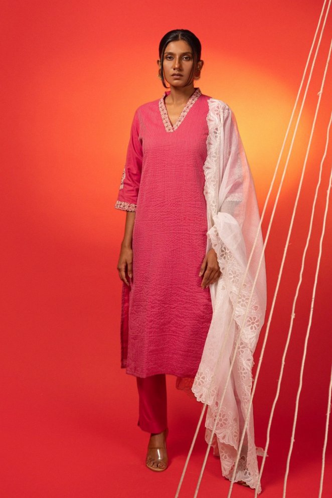 Pink Cotton Chanderi Suit Set - Payal