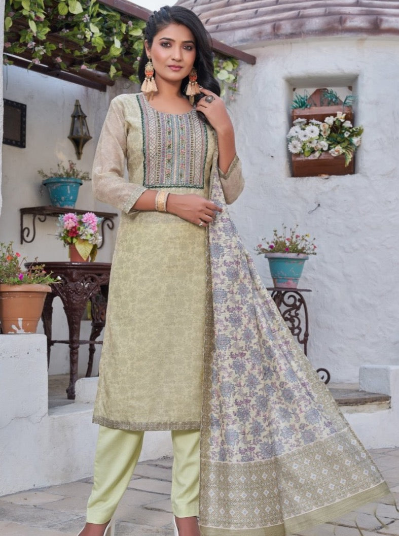 Pista Green Chanderi Straight Suit Set - Payal