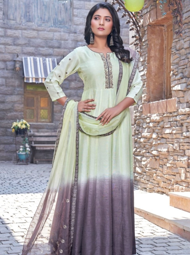 Pista Green & Grey Dola Silk Anarkali Gown With Dupatta - Payal