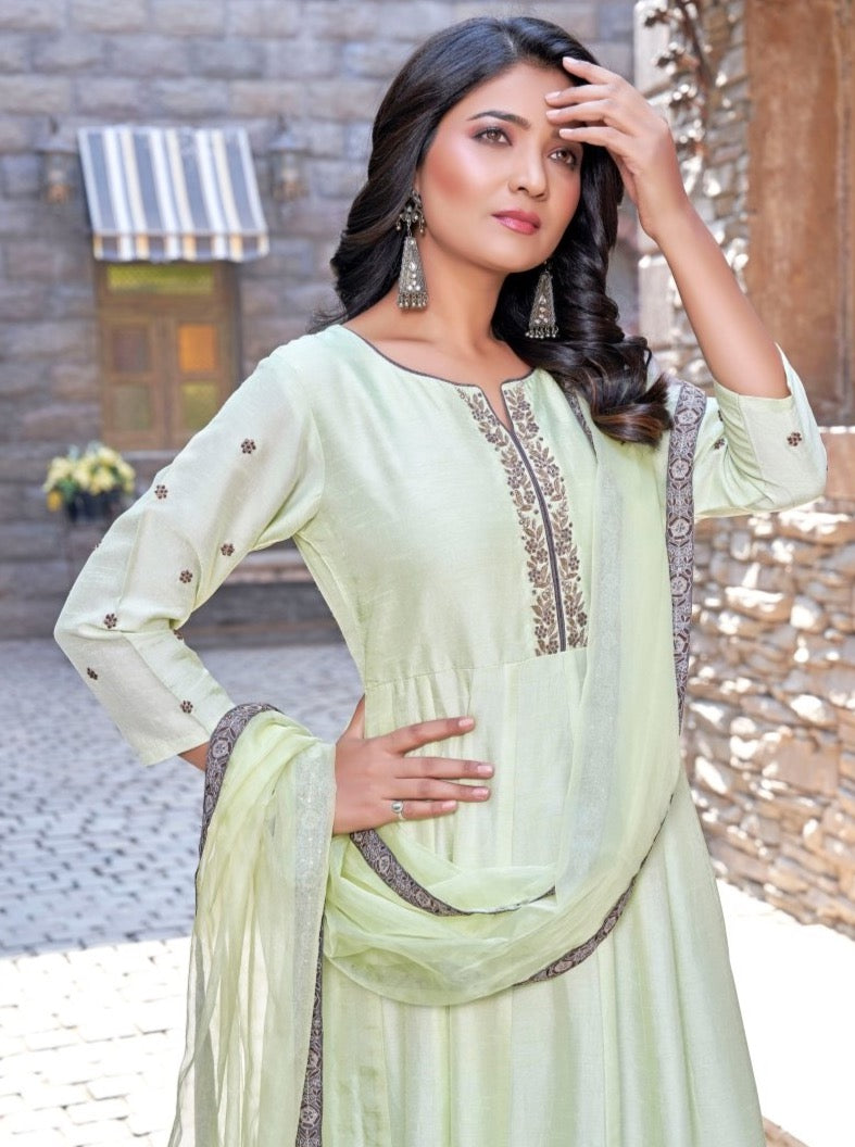 Pista Green & Grey Dola Silk Anarkali Gown With Dupatta - Payal