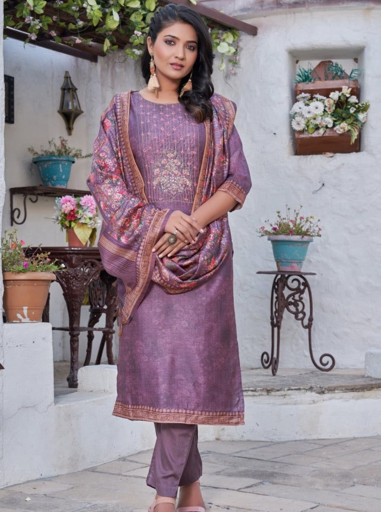 Purple Art Silk Straight Festive Suit Set - Payal