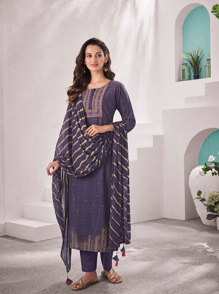 Purple Suit Set With leheriya dupatta - Payal