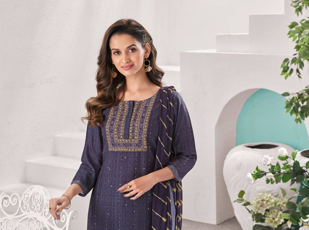 Purple Suit Set With leheriya dupatta - Payal