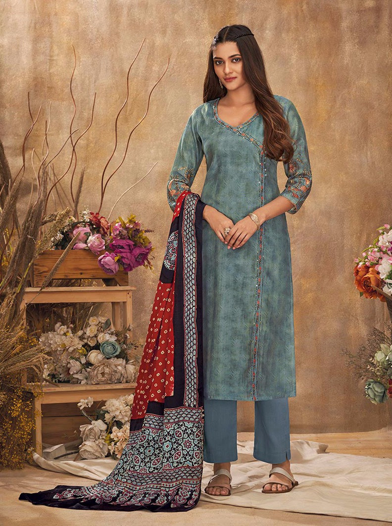 Rama Blue Silk Embroidered suit set - Payal