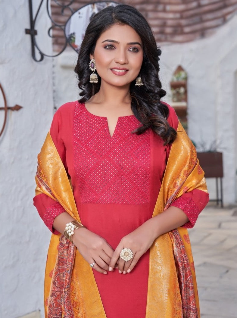 Red Muslin Aline Suit Set - Payal