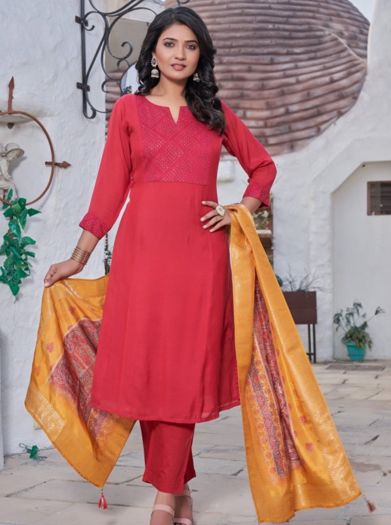 Red Muslin Aline Suit Set - Payal