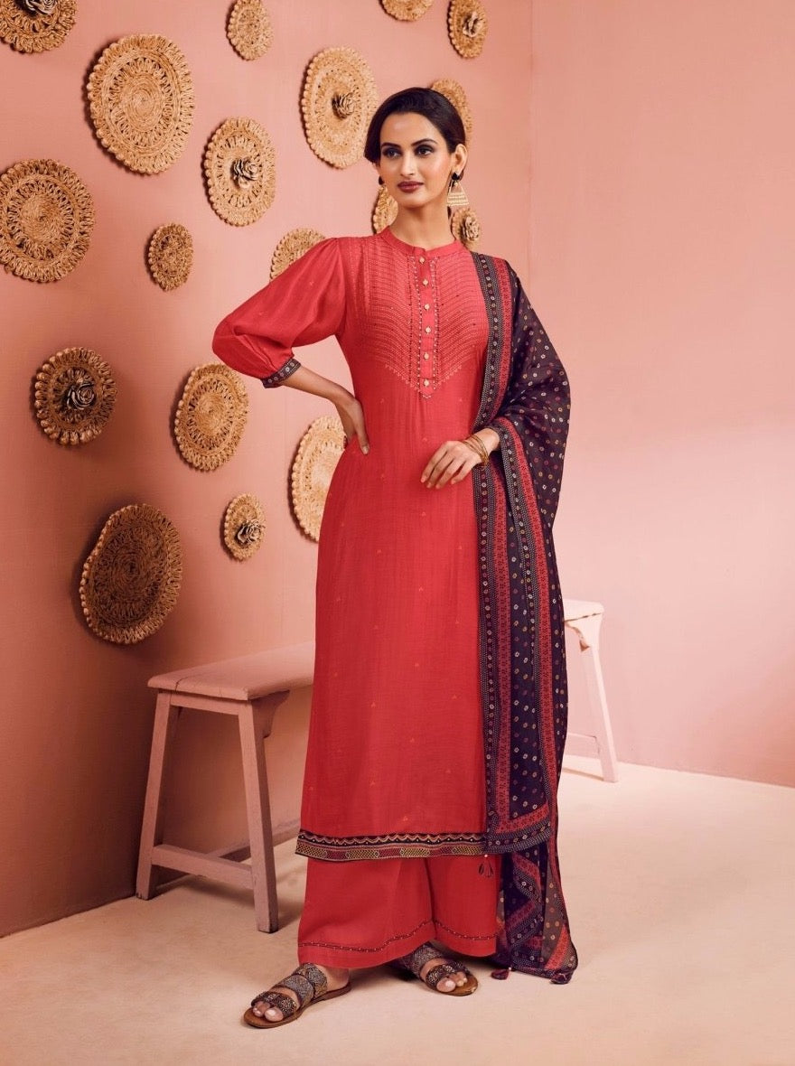 Red Muslin Straight Cut Suit Set - Payal