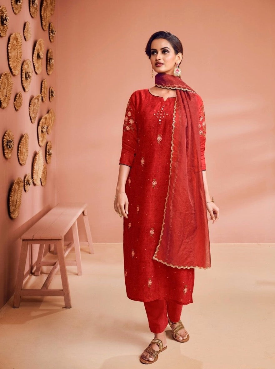 Red Straight Cut Festive Suit Set - Payal
