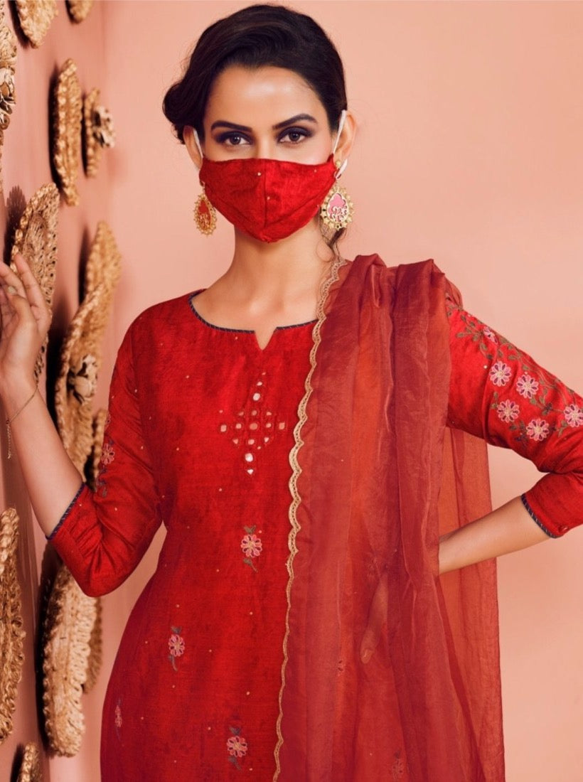 Red Straight Cut Festive Suit Set - Payal