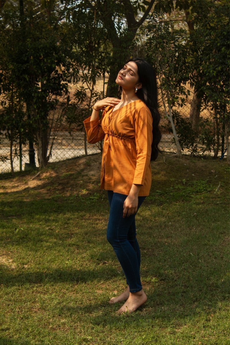 Rust Brown Cotton Short Buttoned Kurti - Payal
