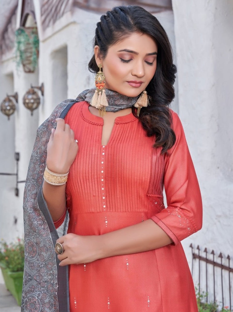 Rust Silk Straight Cut Casual Suit Set - Payal