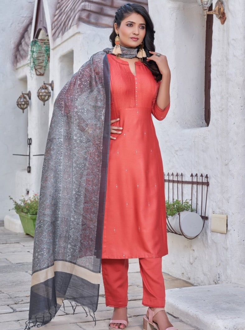 Rust Silk Straight Cut Casual Suit Set - Payal