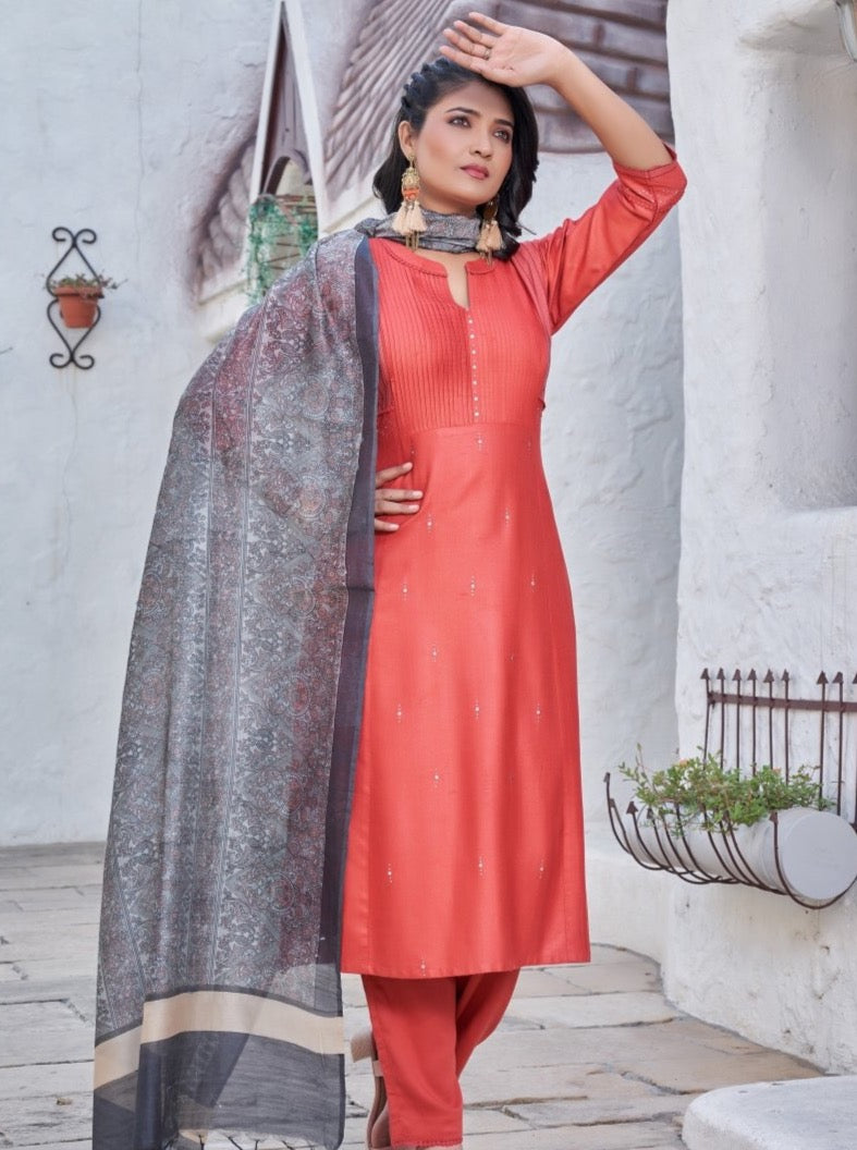 Rust Silk Straight Cut Casual Suit Set - Payal