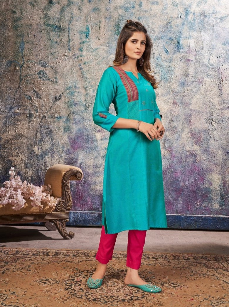 Sky Blue Cotton A-Line Casual Kurti - Payal