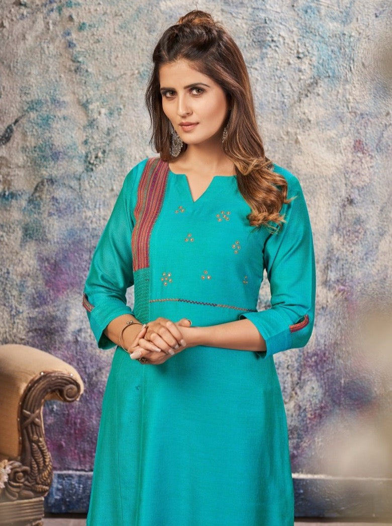 Sky Blue Cotton A-Line Casual Kurti - Payal