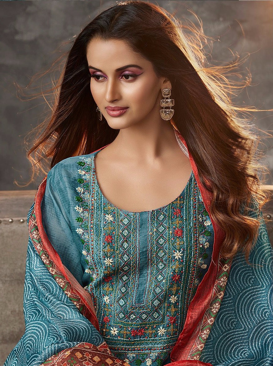 Sky Blue Straight Cut Suit Set - Payal