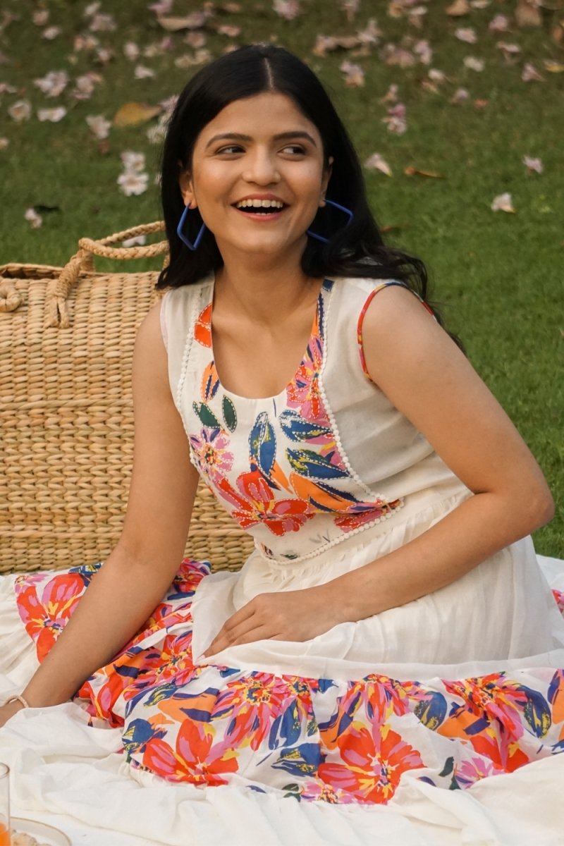 White Flared Long Floral Printed Kurti - Payal