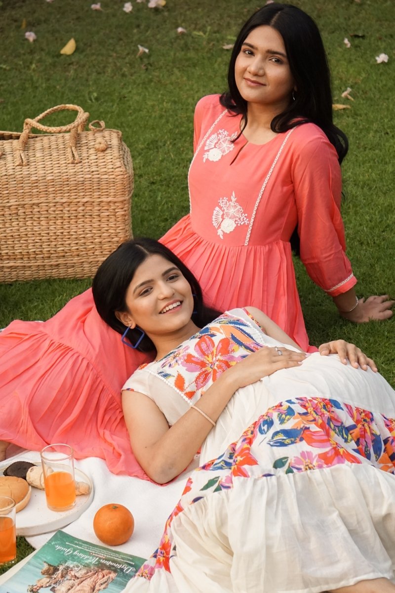 White Flared Long Floral Printed Kurti - Payal