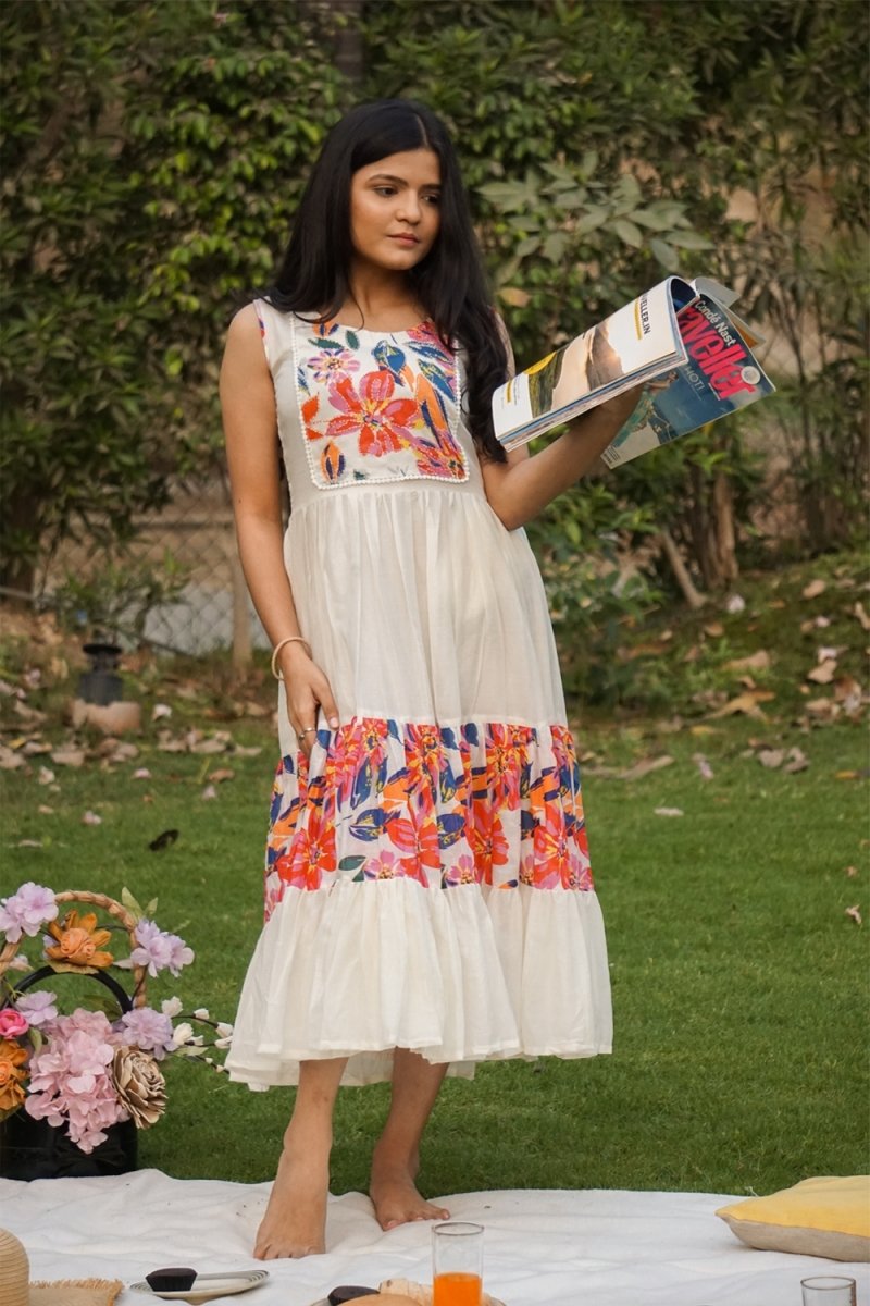 White Flared Long Floral Printed Kurti - Payal