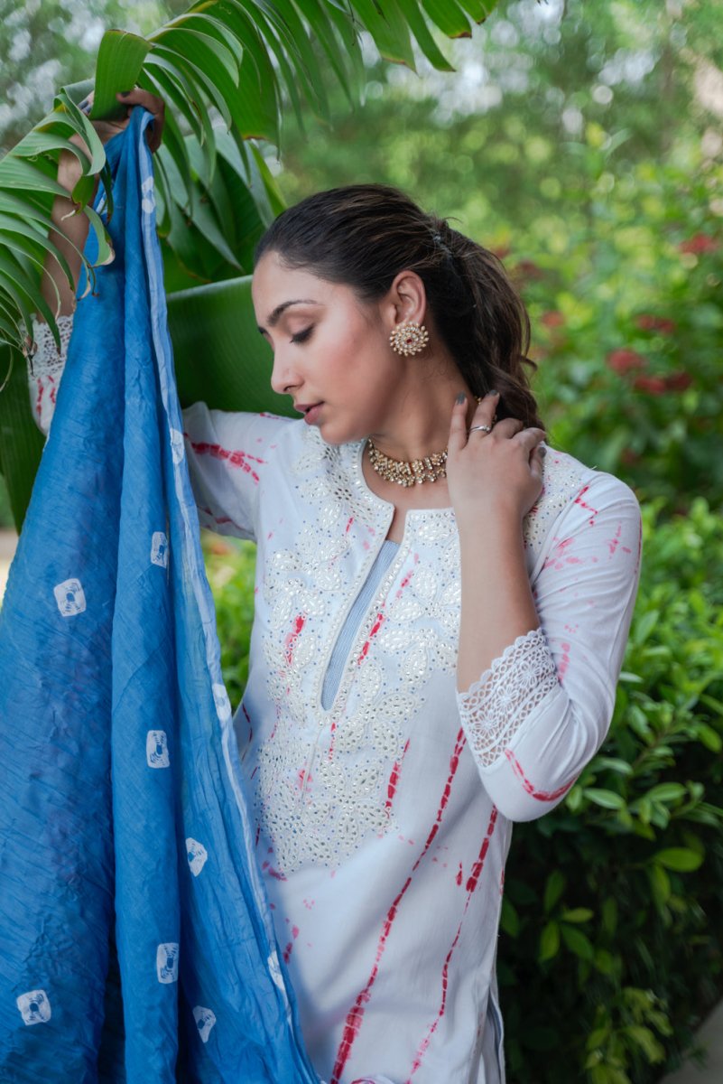 White Shibori Printed Festive Suit Set - Payal