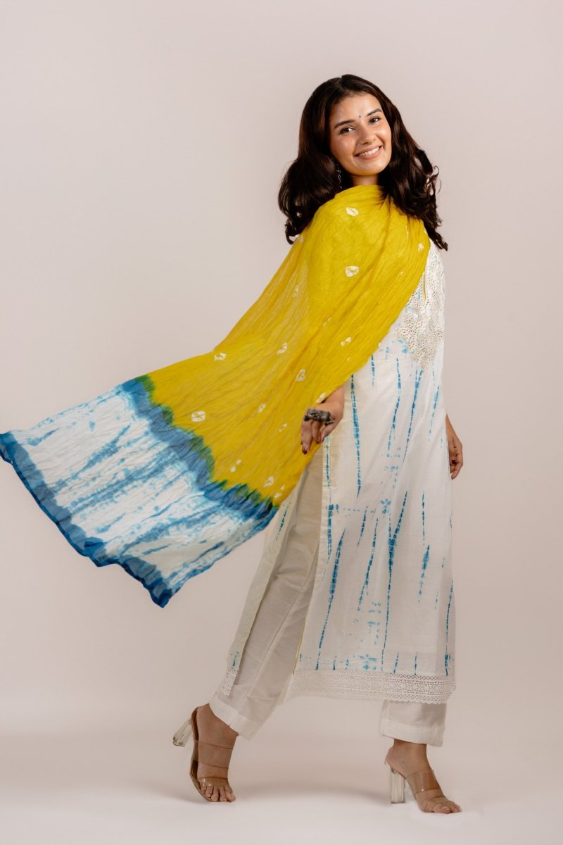 White Shibori Printed Festive Suit Set - Payal