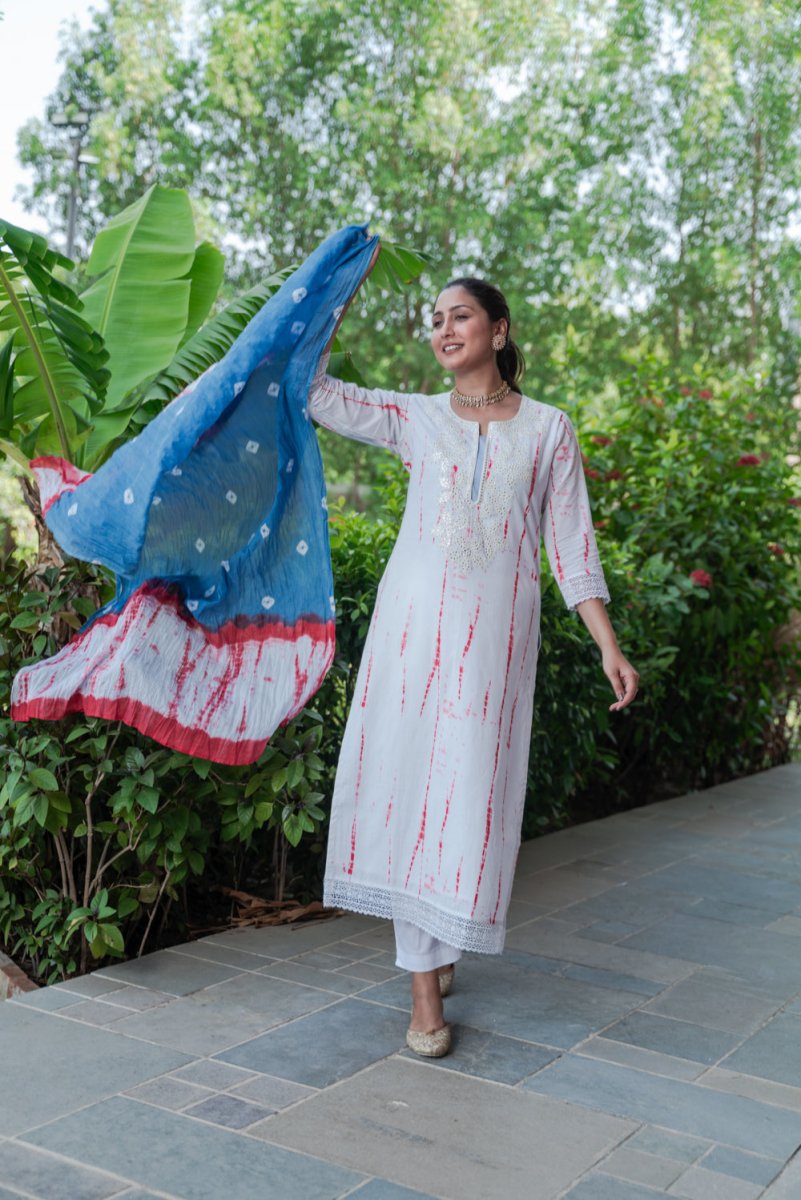 White Shibori Printed Festive Suit Set - Payal