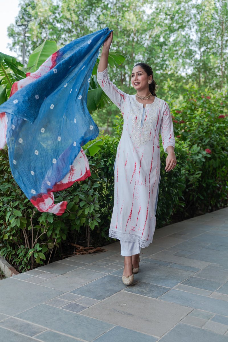 White Shibori Printed Festive Suit Set - Payal
