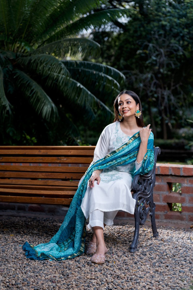 White Viscose Dola Silk Suit Set - Payal