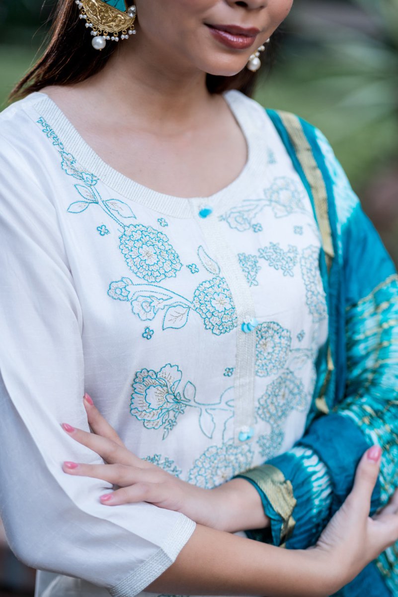 White Viscose Dola Silk Suit Set - Payal