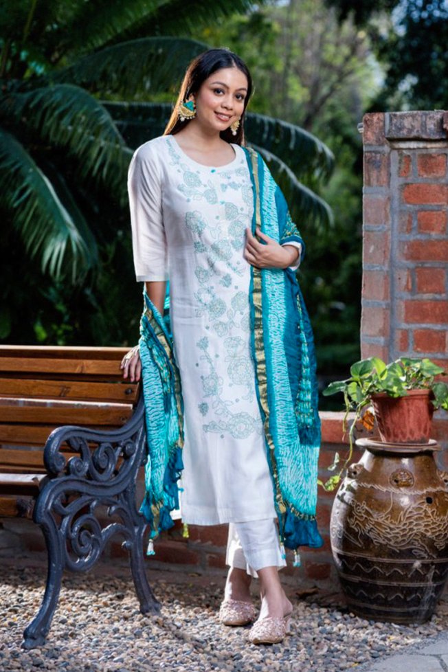 White Viscose Dola Silk Suit Set - Payal